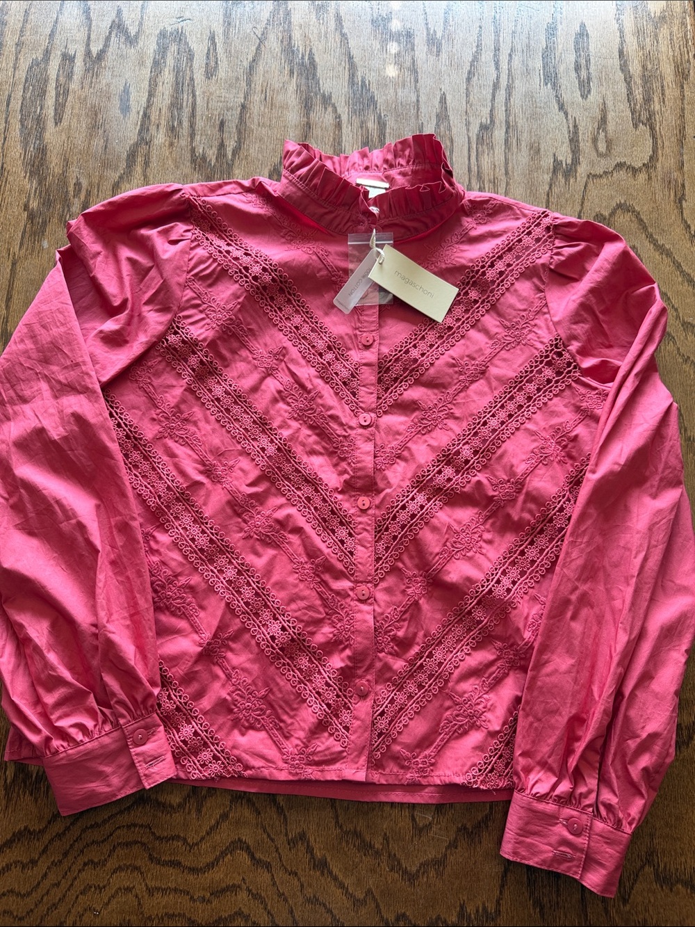 Magaschoni Hot Pink Ruffle Collar Button-Front Blouse NWT